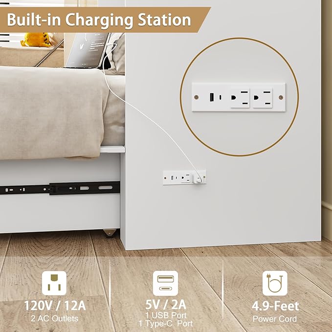 LIVAUVEAD Queen Murphy Bed with Drawer Storage & Charging Station, Murphy Bed Cabinet with Foldable Panel, for Guest Bedroom, Living Room, Office, White