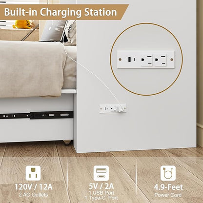 LIVAUVEAD Queen Murphy Bed with Drawer Storage & Charging Station, Murphy Bed Cabinet with Foldable Panel, for Guest Bedroom, Living Room, Office, White