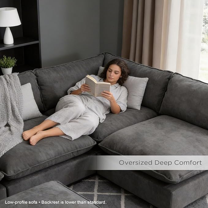 Iroomy Cloud Couch Sectional, Oversized Chenille Modular Sofa, Deep Comfy Seat, 8-Seater Sofas Couches for Living Room, Dark Grey