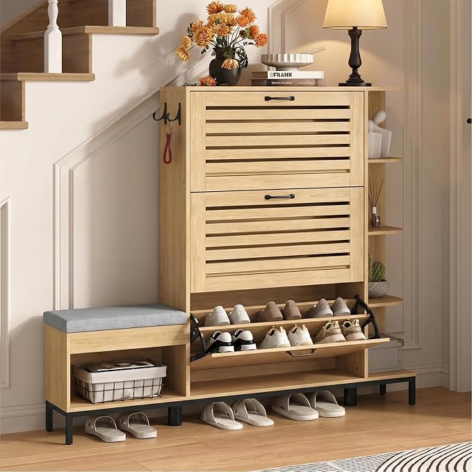 Maupvit Narrow Shoe Cabinet with Bench for Entryway, 3 Flip Louvered Doors & Side Storage Cabinet, 44" H Shoes Organizer with Upholstered Seat & Hooks for Front Door Entrance, Natural Oak
