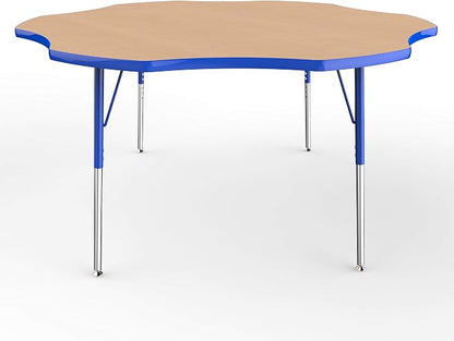 FDP Flower Activity School and Office Table (60 inch), Standard Legs with Swivel Glides for Collaborative Seating Environments, Adjustable Height 19-30 inches - Maple Top and Blue Edge