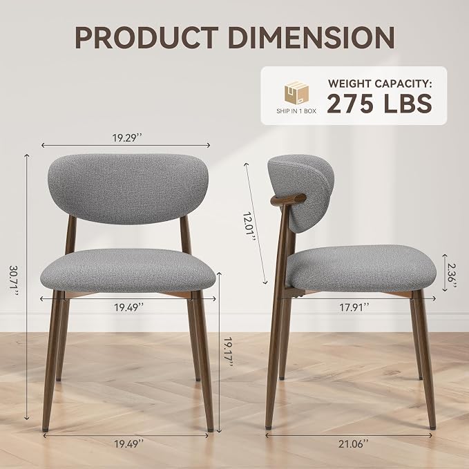 MALOL Dining Chairs Set of 2, Curved Back Kitchen Room Chairs with Metal Legs and Anti Slip Pads, Upholstered Dining Chair for Home and Restaurant, Light Grey