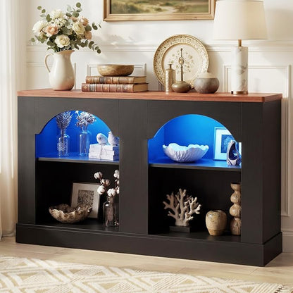 Unikito Arched Entryway Table with LED Lights, 47" Farmhouse Console Table with Adjustable Shelves, Sofa Table Behind Couch, Sideboard Buffet Storage Cabinet for Entrance/Hallway/Living Room