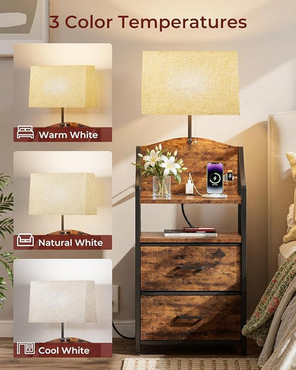 Evermagin 45" Tall Nightstand with Charging Station & Light, Night Stand with 2 Fabric Drawer & Storage Shelf, Bedside Table End Table with USB Ports and Outlets for Bedroom, Dorm, Rustic Brown