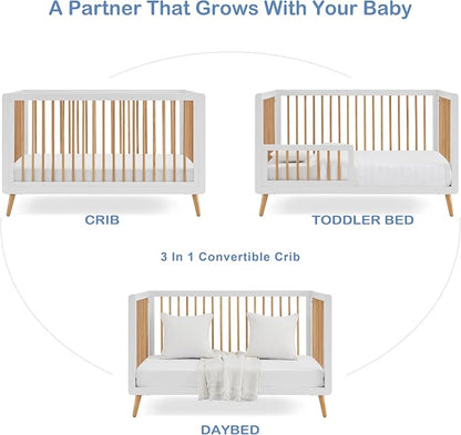 Tatum 3-in-1 Convertible Crib, White/Natural Finish, Solid Wood, Adjustable Mattress Height, Converts to Toddler Bed & Daybed, Fits Standard Full-Size Crib Mattress