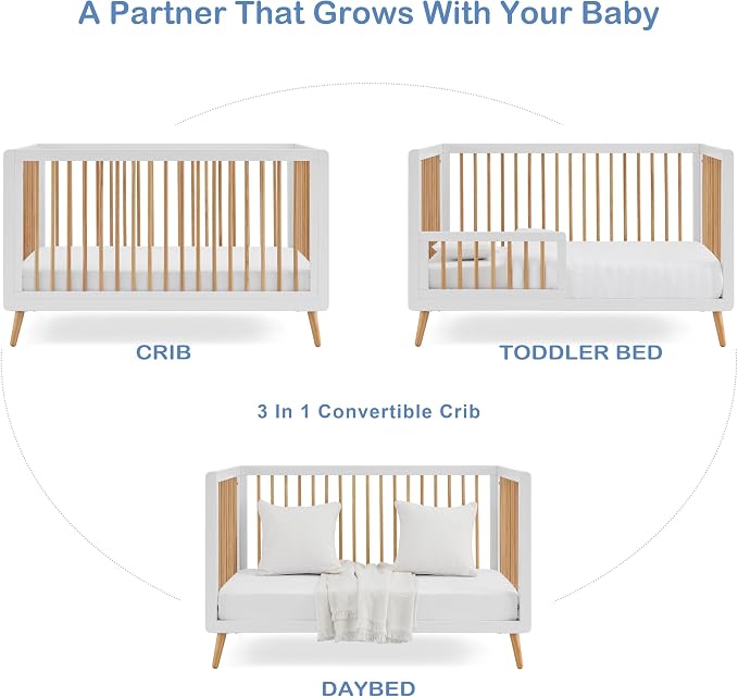 Tatum 3-in-1 Convertible Crib - Included Toddler Guard Rail, White/Natural Finish, Adjustable Mattress Height, Converts to Toddler Bed & Daybed, Fits Standard Full-Size Crib Mattress