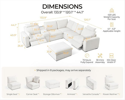 Oversized Modular Power Recliner Sofa Wall Hugger, Cloud Reclining Couch with Headrest, Storage Ottoman, Drawer Charging Cup Holder, Deep L-Shaped 6 Seater with Dual Electric Recliner, Chenille, White