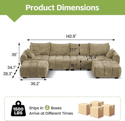 143" Oversized U Shaped Cloud Modular Sectional Sofa, Modern Chenille Upholstered 6 Seater Couch with 2 Removable Ottomans, Tufted Deep Seat & Wood Legs, Large Brown Sectional Couches for Living Room