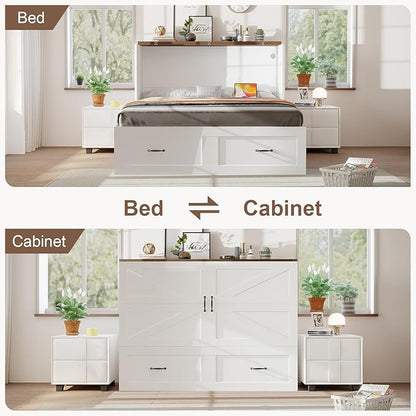 KCGKCG Full Size Murphy Bed with Storage & Charging Station, Murphy Cabinet Bed with Drawer for Guest Bedroom, Living Room, Office or Small Room, Full Foldable Platform Bed (White, Full)