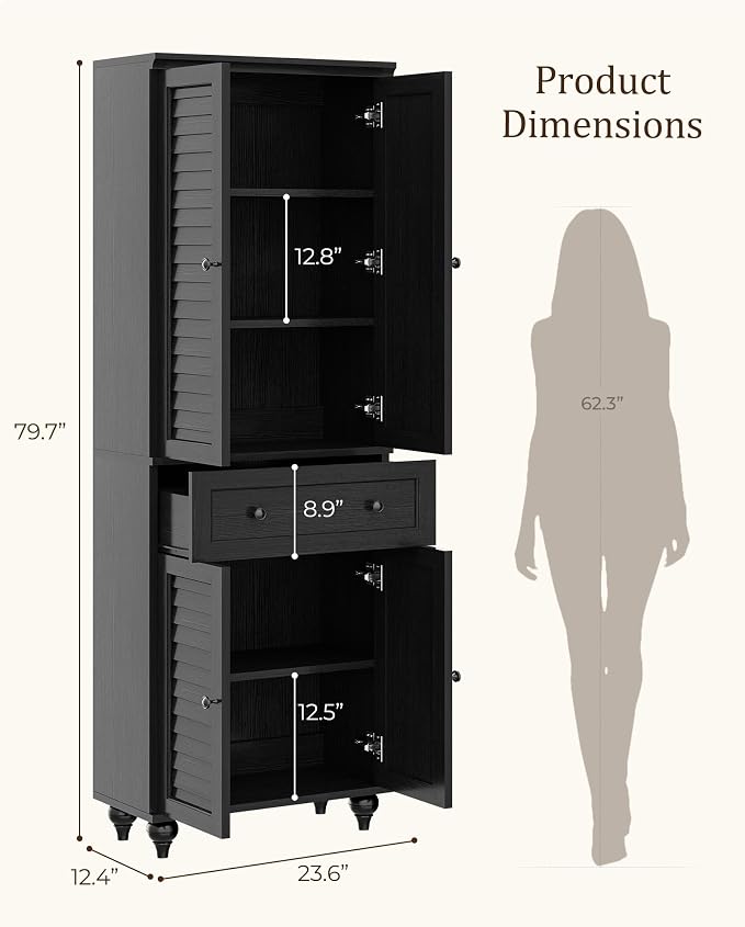 80" Tall Kitchen Pantry Cabinet, Farmhouse Storage Cabinets | Louvered Doors and Adjustable Shelves, Freestanding Storage, Dining Room, Living Room, Home Office, Bathroom, Black