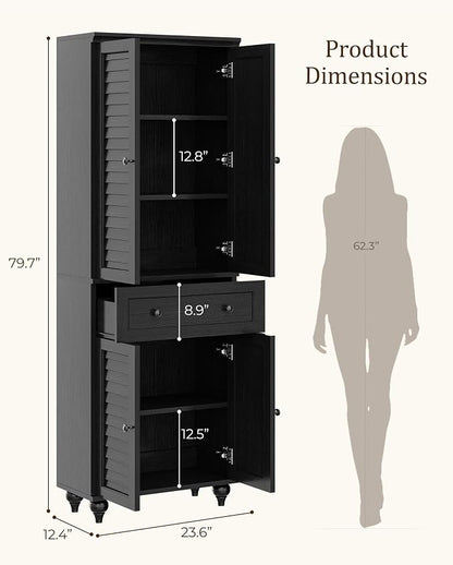 80" Tall Kitchen Pantry Cabinet, Farmhouse Storage Cabinets | Louvered Doors and Adjustable Shelves, Freestanding Storage, Dining Room, Living Room, Home Office, Bathroom, Black