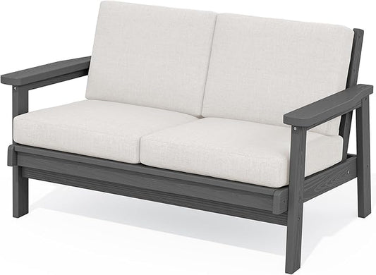 SERWALL HDPE Outdoor Patio Loveseat, All Weather Wood-Like Outdoor Sofa HDPE Outdoor Furniture, Grey Frame and Khaki Cushion