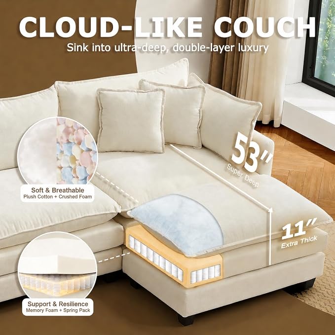 78” Modular Sectional Sofa, L Shaped Cloud Couch with Movable Ottoman, Comfy Chenille Deep Seat Sofa with Throw Pillows, 3 Seat Modern Couches for Living Room Bedroom Apartment, Beige