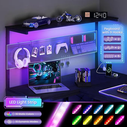 Apicizon L Shaped Desk Gaming Desk with LED Light & Power Outlet, 55 Inch Reversible Computer Desk with Pegboard & Shelf & Storage Bag for Home Office, Black