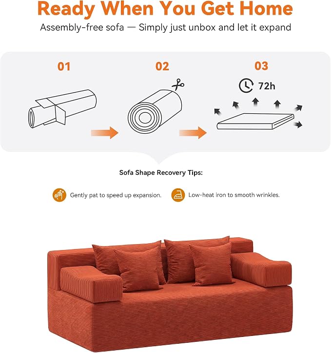MONVANE 3-Piece Boneless Loveseat Couch Set for Living Room, Oversized Modular Sectional Sofa Set with Removable Armrests, Comfy Corduroy Cloud Couch with 12 Pillows, No Assembly Required, Terracotta