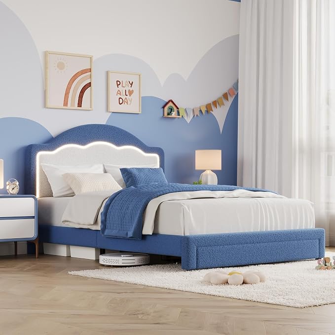 IDEALHOUSE Full Bed Frame with LED Headboard and Under-Bed Drawer, Boucle Fabric Upholstered Platform Bed with LED Light for Kids, Girls, Wooden Slats Support, No Box Spring Needed, Blue