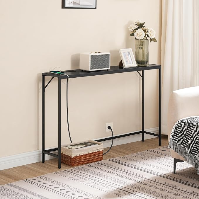 MAHANCRIS 43.7”Console Table with Outlet, Narrow Sofa Table with Charging Station, Entryway Table with Display Shelf, Behind Couch Table, Long Sofa Side Table, Living Room, Hallway, Black CTHB112E01