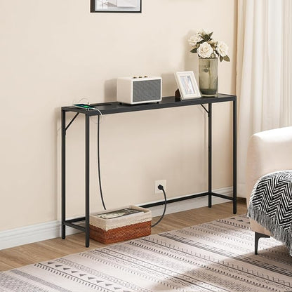 MAHANCRIS 43.7”Console Table with Outlet, Narrow Sofa Table with Charging Station, Entryway Table with Display Shelf, Behind Couch Table, Long Sofa Side Table, Living Room, Hallway, Black CTHB112E01
