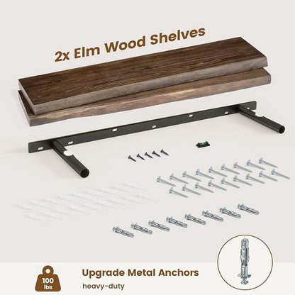 Live Edge Floating Shelves for Wall Decor, Solid Elm Wood Floating Shelves Wall Mounted, Rustic Wall Shelves with Invisible Bracket for Living Room Bathroom Bedroom Kitchen, 36 Inch Set of 2, Walnut
