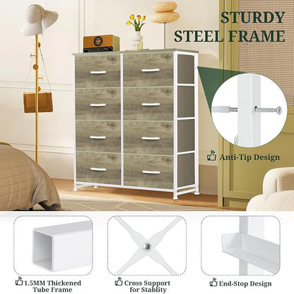 8-Drawer Dresser for Bedroom, Anti-Tip Tall Storage Organizer Chest of Drawers with Wooden Top and Metal Frame Fabric Bins for Closet, Living Room, Hallway, Entryway, Greige Oak