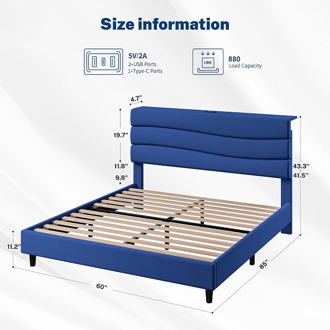 EnHomee Queen Bed Frame with Upholstered Headboard,Adjustable Height Platform Bed,Charging Station,No Box Spring Needed,Easy Assembly,Noise-Free,Navy Blue