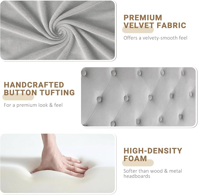 King Headboard Only, Velvet Classic Tufted Design, Silver Gray | 2 installation options: 1.bed frame mount 2.wall mount (for adjustable bed), Classic hand-tufted headboard king size