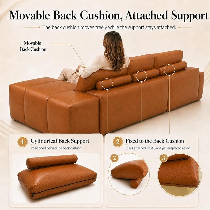 114” Boneless Sectional Couches for Living Room, Brown Cloud Faux Leather Couch in a Box, Modular Sectional Sofas for Living Room, L Shaped Couch with Chaise, Memory Foam Deep Seat, Left Chaise
