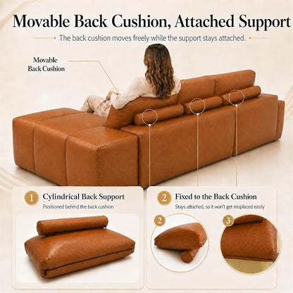 114” Boneless Sectional Couches for Living Room, Brown Cloud Faux Leather Couch in a Box, Modular Sectional Sofas for Living Room, L Shaped Couch with Chaise, Memory Foam Deep Seat, Left Chaise