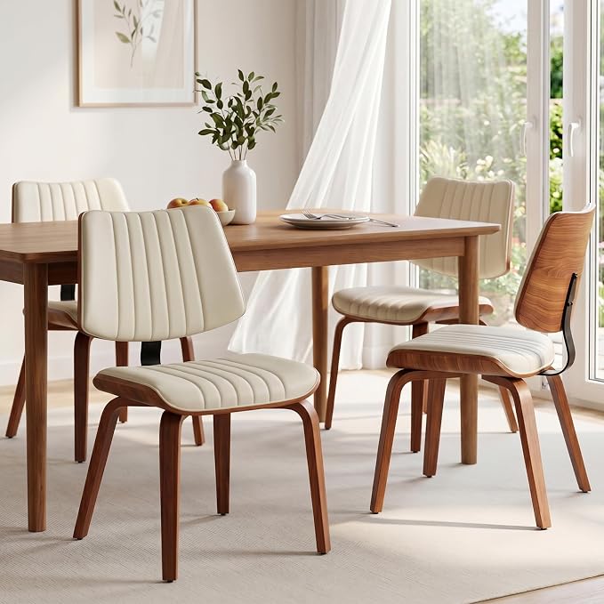 Armless Dining Chairs Set of 4, Walnut Beige | Set of 4 armless chairs with ergonomic walnut back and warm beige faux leather. Ideal for dining rooms or kitchens