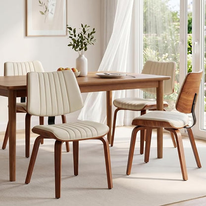 Armless Dining Chairs Set of 4, Walnut Beige | Set of 4 armless chairs with ergonomic walnut back and warm beige faux leather. Ideal for dining rooms or kitchens