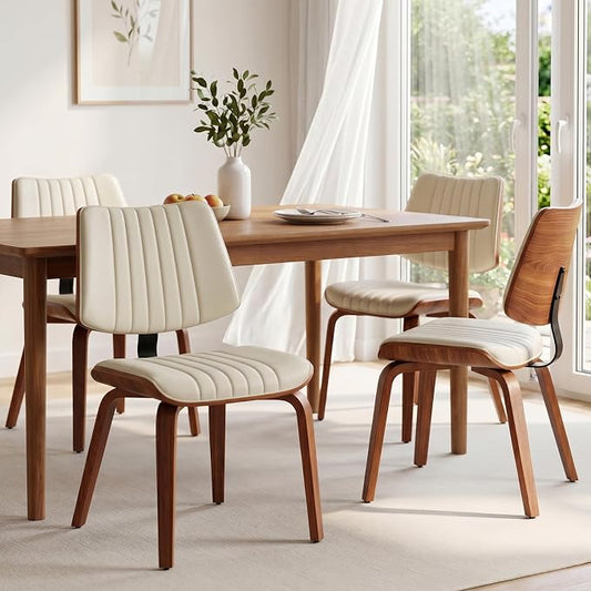 Armless Dining Chairs Set of 4, Walnut Beige | Set of 4 armless chairs with ergonomic walnut back and warm beige faux leather. Ideal for dining rooms or kitchens