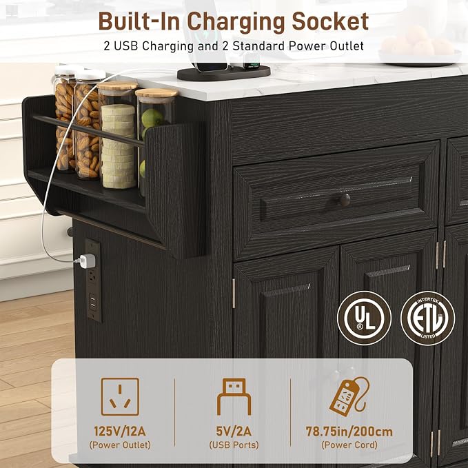 80"-48" Extendable Kitchen Island with Extended Dining Table and Power Outlet,Large Mobile Kitchen Storage Islands with 2 Storage Drawers,Rolling Islands Cart with 3 Extra Rows Open Shelves(Marble Bl)