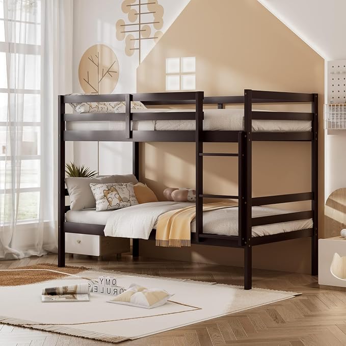 NAFORT Bunk Bed Twin Over Twin, Solid Wood Bunk Bed with Ladder and Safety Rails, Wooden Bed Framefor Kids Teens or Guests, Space-Saving Furniture for Bedroom Dorm, Espresso