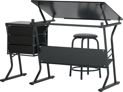 2 Piece Eclipse Ultra Center/Drawing Table with Stool, Angle Adjustable Top, Storage Shelves, and Drawers