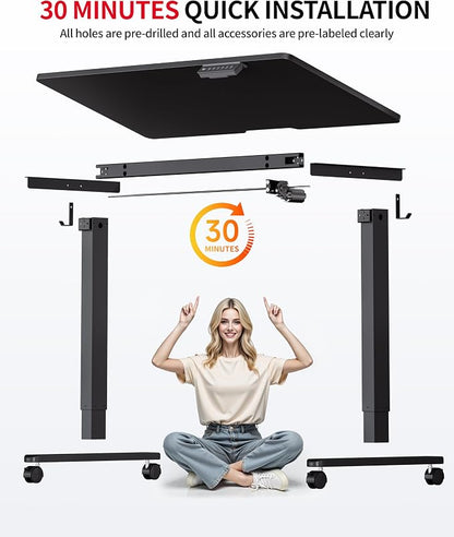 Okin Standing Desk Electric Adjustable Computer Whole Piece Stand up Desk with Wheels Office Gaming Home Office Memory Desks 48x24 inches Black