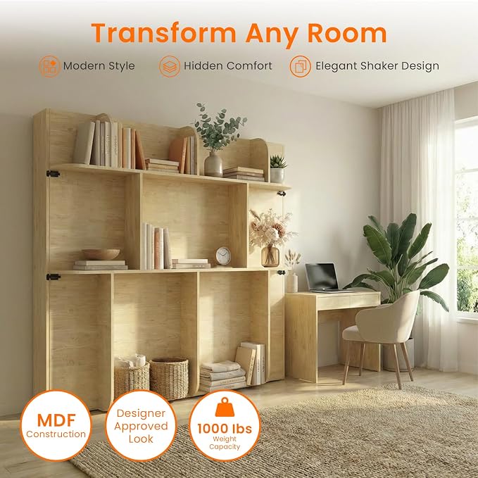 CECER Horizontal Murphy Bed Queen，Save Space for Offices/Guest-Natural Wood | Multi-Functional Queen Murphy Cabinet Beds with Storage Shelf/Bookshelf，Sturdy frame ＆ Easy Assemble