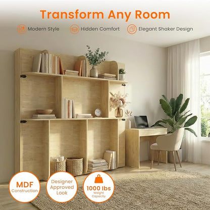 CECER Horizontal Murphy Bed Queen，Save Space for Offices/Guest-Natural Wood | Multi-Functional Queen Murphy Cabinet Beds with Storage Shelf/Bookshelf，Sturdy frame ＆ Easy Assemble