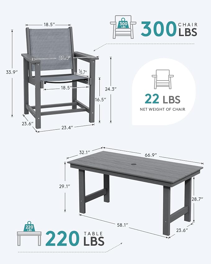 SERWALL Patio Dining Sets for 6, Outdoor HDPE Dining Set with Umbrella Hole Cut-Out Table and 6 Woven Chairs, Gray