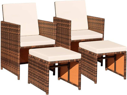Devoko 4 Pieces Patio Wicker Furniture Set Outdoor Patio Chairs with Ottomans All Weather Cushioned Chairs Balcony Porch Furniture (Beige)