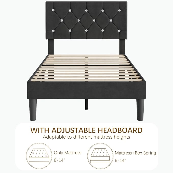 VECELO Twin Size Bed Frame, Upholstered Platform with Adjustable Diamond Tufted Headboard, Wood Slat Support, No Box Spring Needed, Velvet & Black
