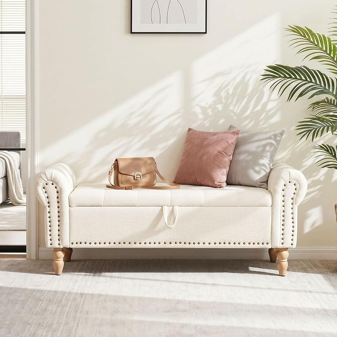 Furniliving 51” End of Bed Storage Bench, Bedroom Bench with Button-Tufted, Upholstered Storage Ottoman Benches Window Bench with Storage, Chenille Bench for Living Room, Entryway, Beige