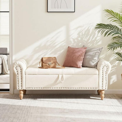 Furniliving 51” End of Bed Storage Bench, Bedroom Bench with Button-Tufted, Upholstered Storage Ottoman Benches Window Bench with Storage, Chenille Bench for Living Room, Entryway, Beige