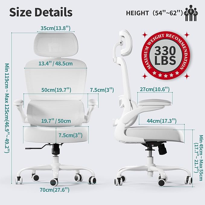 TRALT Office Chair Ergonomic Desk Chair, 330 LBS Home Mesh Office Desk Chairs with Wheels, Comfortable Gaming Chairs (1, White White)