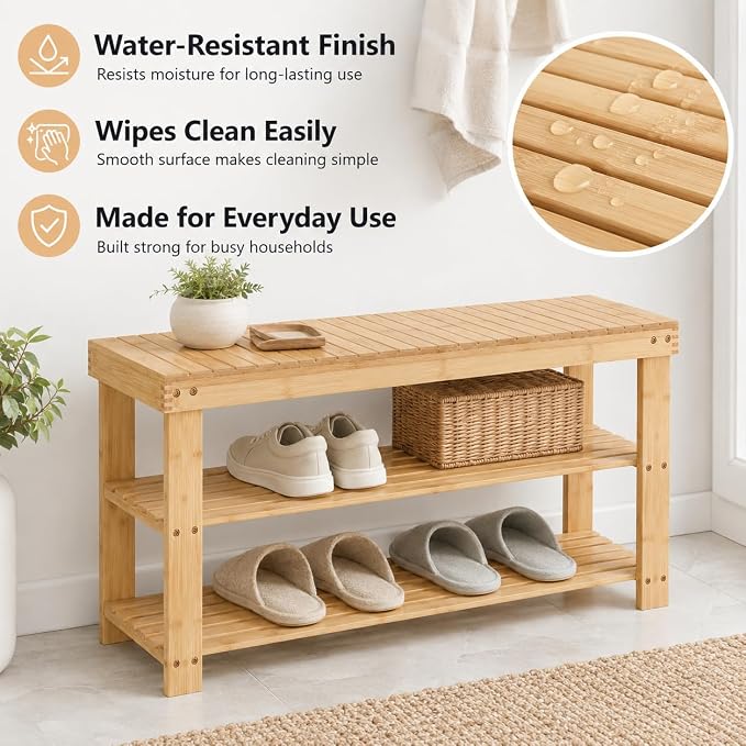 Shoe Rack Bench, 3-Tier Shoe Storage Organizer for Entryway , Shoe Shelf for Small Spaces, Multi-Functional Side Table Plant Stand, Shoe Stand for Bedroom, Living Room, Closet, Front Door, Natural