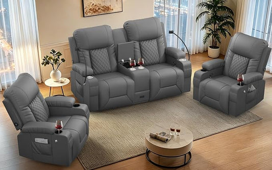 Recliner Sofa Set, Loveseat Recliner Couch and 2 PCS Recliner Chair with Heat & Massage, Home Theater Seating with Console, Drawer, USB Ports & Phone Holders, Reclining Loveseat for Theater