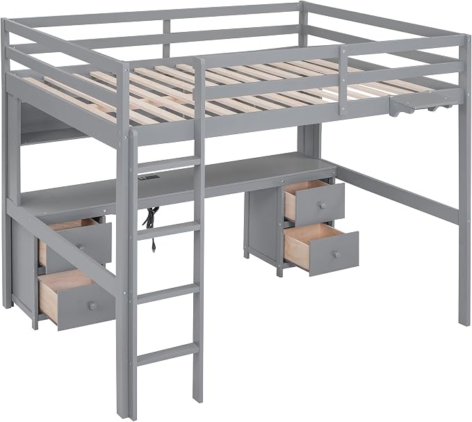 Full Size Loft Bed with Desk, Storage Cabinets, Drawers and Bedside Tray, Multifunctional Full Beds with Plug Outlets & 2 USB Port, Gray