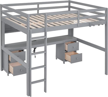 Full Size Loft Bed with Desk, Storage Cabinets, Drawers and Bedside Tray, Multifunctional Full Beds with Plug Outlets & 2 USB Port, Gray