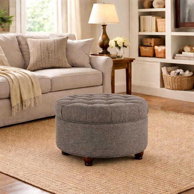 HomePop 25" Button Tufted Round Storage Ottoman - Dark Gray