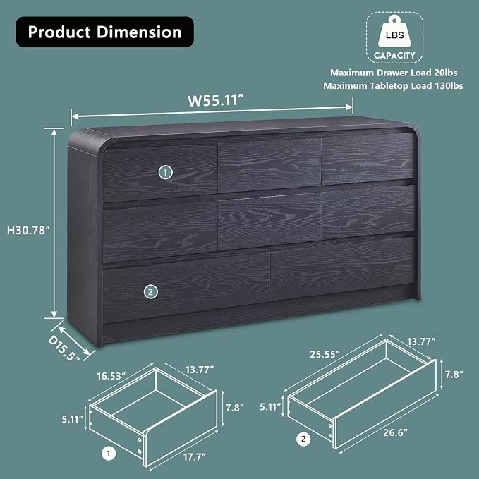 Aitjunz Modern 8 Drawers Dresser for Bedroom, 55" Wide Dressers & Chest of Drawers w/Curved Profile Design, Wood Mid Century Storage Dressers Organizer for Bedroom, Living Room, Black