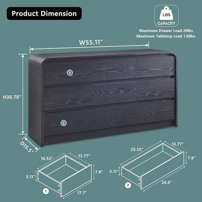 Aitjunz Modern 8 Drawers Dresser for Bedroom, 55" Wide Dressers & Chest of Drawers w/Curved Profile Design, Wood Mid Century Storage Dressers Organizer for Bedroom, Living Room, Black